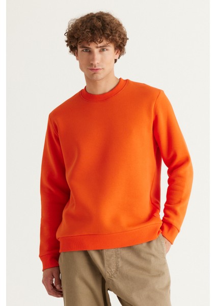 Erkek Turuncu Standart Fit Normal Kesim Içi Polarlı 3 Iplik Bisiklet Yaka Pamuklu Sweatshirt