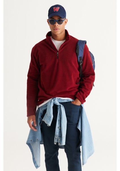 AC&Co / Altınyıldız Classics Erkek Bordo Anti-pilling Tüylenme Yapmayan Isı Koruyan Standart Fit Dik Yaka Polar Sweatshirt