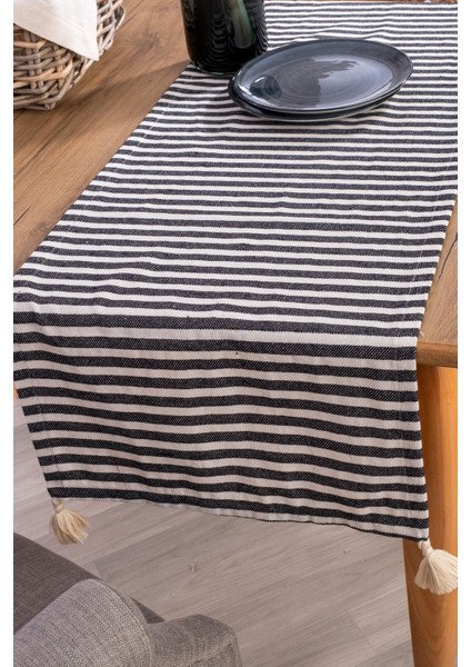 Siyah Çizgili Keten Kumaş 42x150 cm Runner Masa Örtüsü