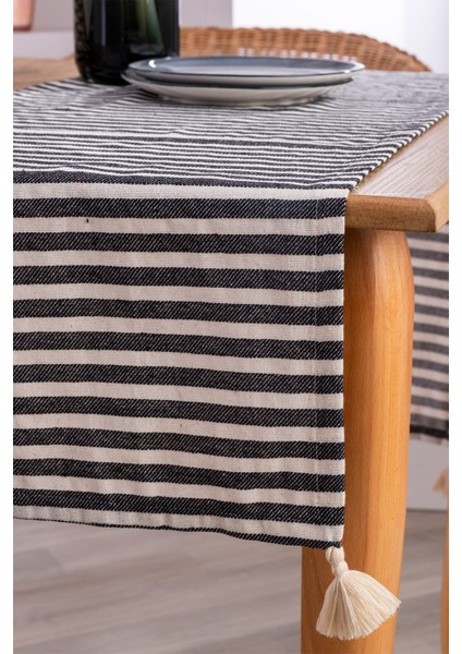Siyah Çizgili Keten Kumaş 42x150 cm Runner Masa Örtüsü fiyatları