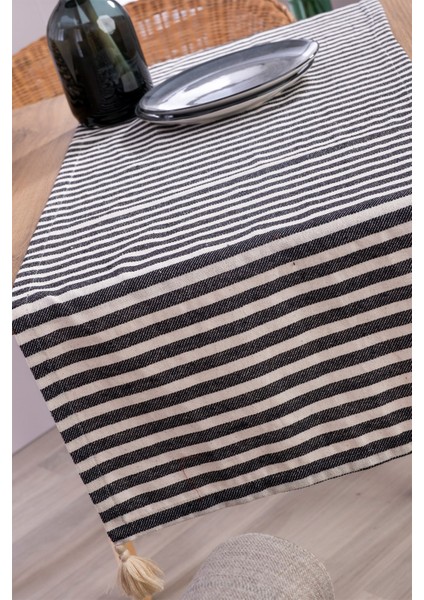 Siyah Çizgili Keten Kumaş 42x150 cm Runner Masa Örtüsü modelleri