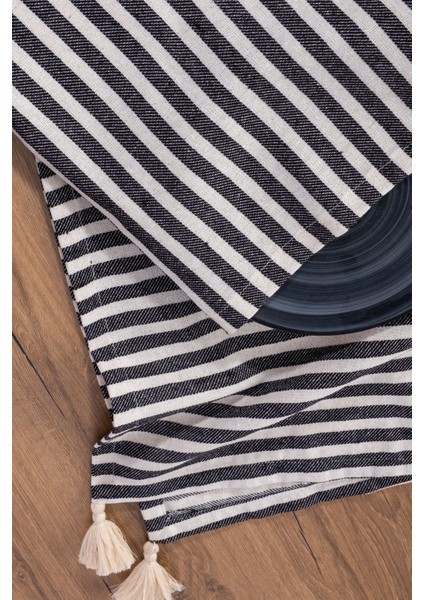 Siyah Çizgili Keten Kumaş 42x150 cm Runner Masa Örtüsü fırsatları