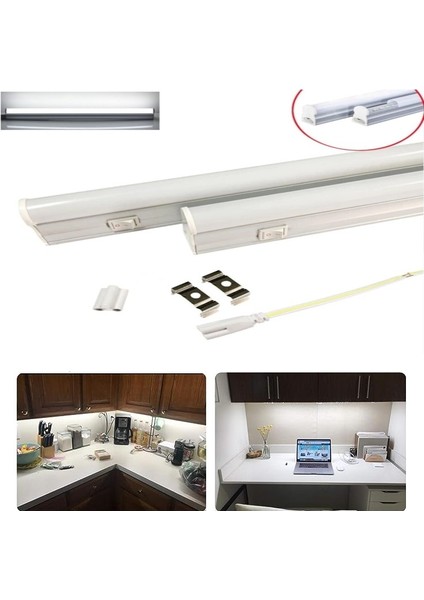 2 Adet Mutfak Tezgah Dolap Dekoratif Beyaz Işık LED Bant Armatür 4W 28,2 cm 220V Ev Otel Mağaza