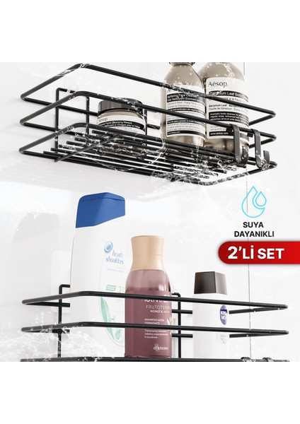 2li Set Banyo Düzenleyici Şampuanlık Mat Siyah Yapışkanlı 4 Askılı Duş Rafı Paslanmaz Organizer