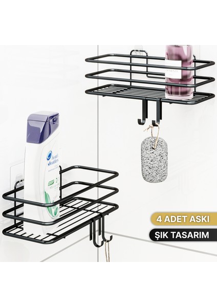 2li Set Banyo Düzenleyici Şampuanlık Mat Siyah Yapışkanlı 4 Askılı Duş Rafı Paslanmaz Organizer