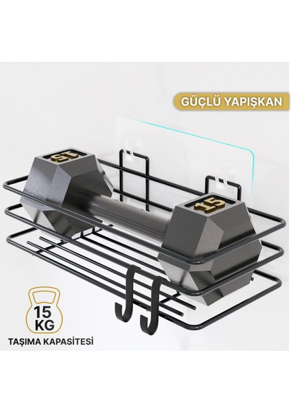 2li Set Banyo Düzenleyici Şampuanlık Mat Siyah Yapışkanlı 4 Askılı Duş Rafı Paslanmaz Organizer