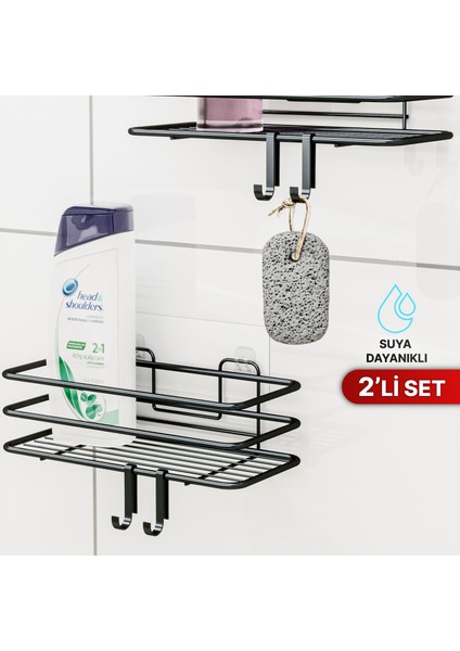 2li Set Banyo Düzenleyici Şampuanlık Mat Siyah Yapışkanlı 4 Askılı Duş Rafı Paslanmaz Organizer