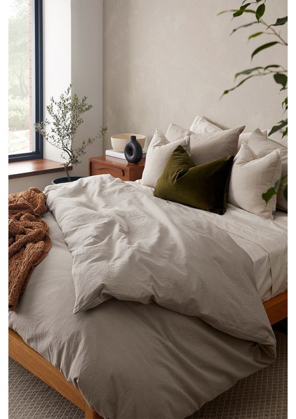 Pamuk Keten Yıkanmış Gri Renk Tek Kişilik Nevresim Yastık Seti 160x220 cm