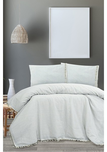 Gri Keten Çizgili Ponponlu Tek Kişilik Nevresim Yastık Seti 160x220 cm