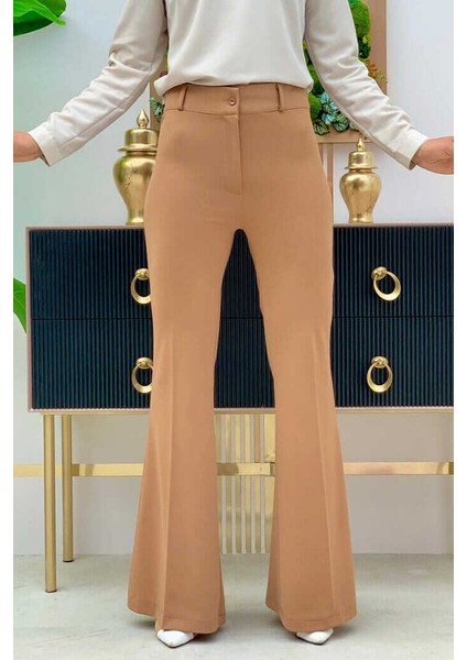 Bel Fermuarlı İspanyol Paça Pantolon 0231 Taba
