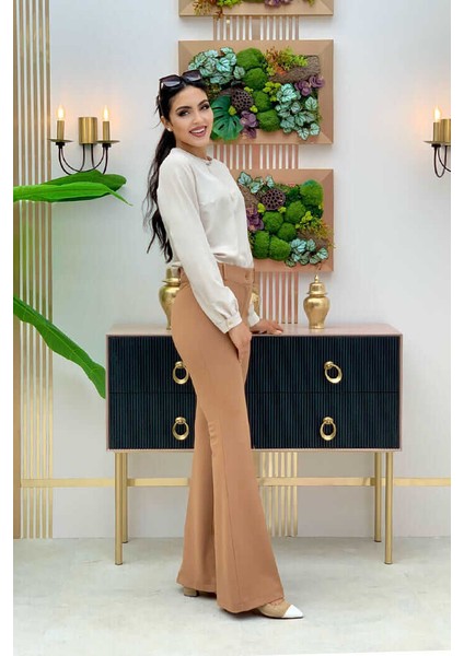 Bel Fermuarlı İspanyol Paça Pantolon 0231 Taba