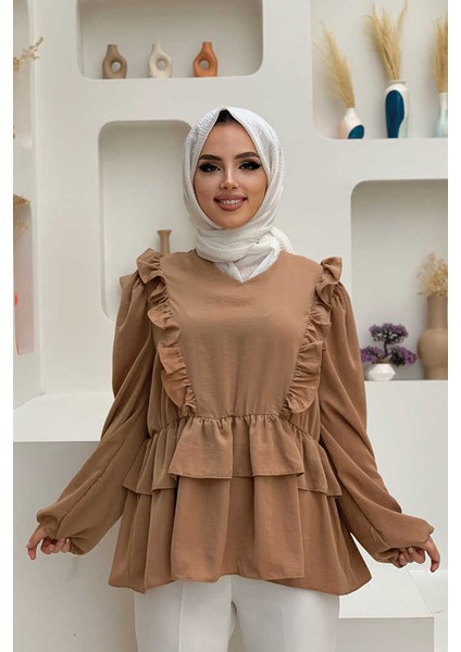 Bym Fashion FırfırBel Lastikli Kat Görünümlü Bluz 5207 Taba