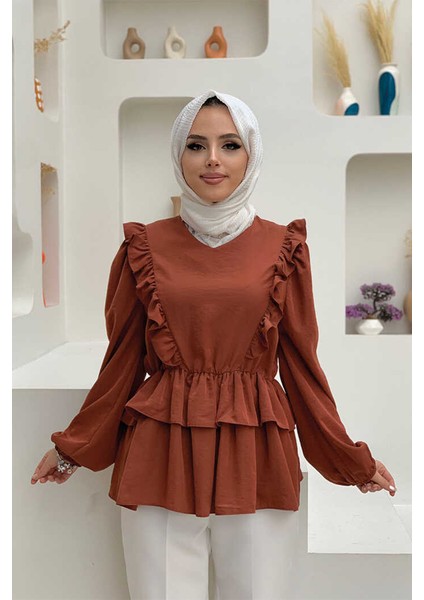 Bym Fashion FırfırBel Lastikli Kat Görünümlü Bluz 5207 Kahverengi