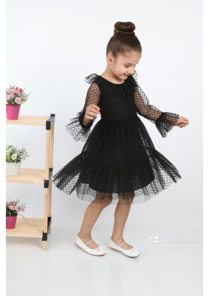 Puantiyeli Tüllü Kız Çocuk Elbise