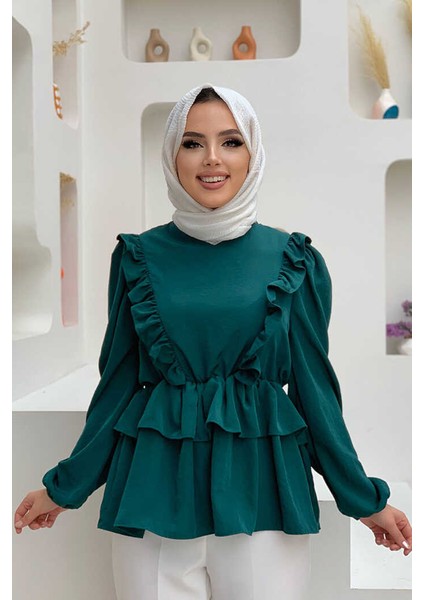 FırfırBel Lastikli Kat Görünümlü Bluz 5207 Zümrüt