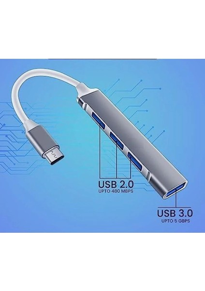 Type-C Grişli USB Çoklayıcı, JH-112 Type-C - 4 USB Girişli USB Çoğaltıcı, USB Hub USB 3.0 4-Port Hub