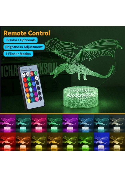 Uzaktan Dokunmatik Kontrollü Dragon Gece Işığı 16 Renk 4 Yanıp Sönme Modu ve Parlaklık Ayarlı USB Pillerle Çalışır - Dragon B (Yurt Dışından)