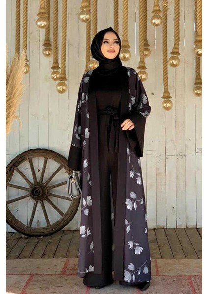 Desenli Abaya Düz CepKuşaklı Sıfır Kol Tulum Takım 8312 Siyah