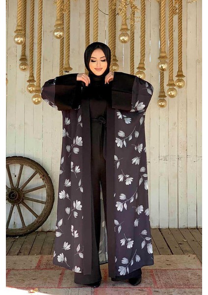 Desenli Abaya Düz CepKuşaklı Sıfır Kol Tulum Takım 8312 Siyah fiyatları