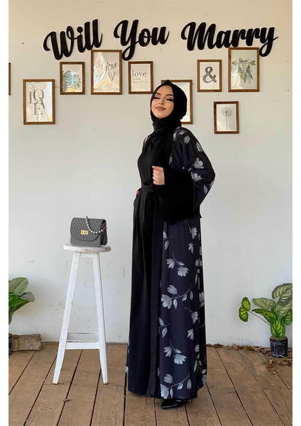 Desenli Abaya Düz CepKuşaklı Sıfır Kol Tulum Takım 8312 Siyah modelleri