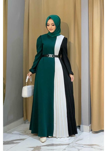 Üç Renkli Bel Kemer PiliseElbise 3622 Zümrüt