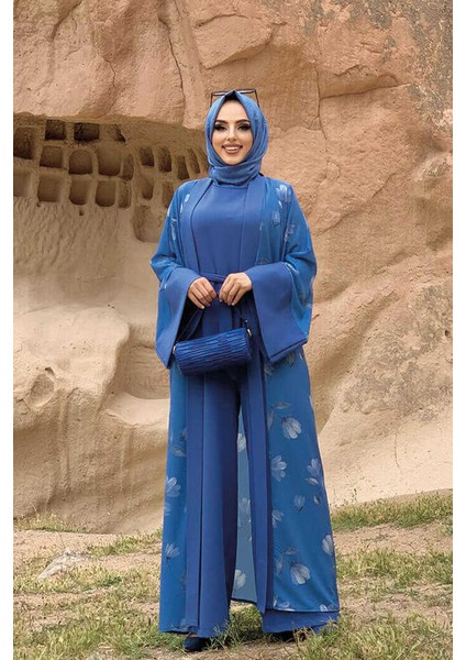 Desenli Abaya Düz CepKuşaklı Sıfır Kol Tulum Takım 8312 Indigo