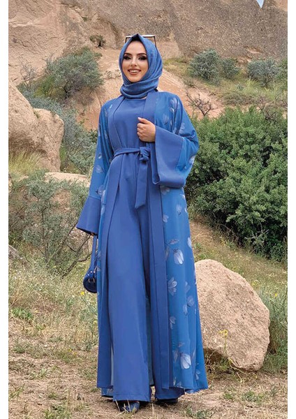 Desenli Abaya Düz CepKuşaklı Sıfır Kol Tulum Takım 8312 Indigo fiyatları