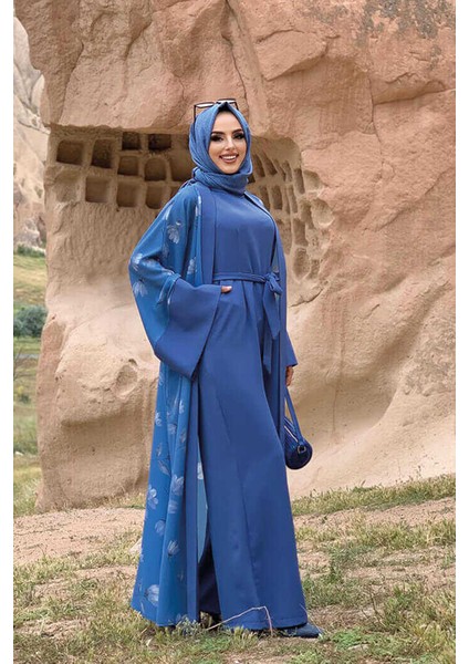 Desenli Abaya Düz CepKuşaklı Sıfır Kol Tulum Takım 8312 Indigo modelleri
