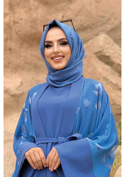 Desenli Abaya Düz CepKuşaklı Sıfır Kol Tulum Takım 8312 Indigo fırsatları