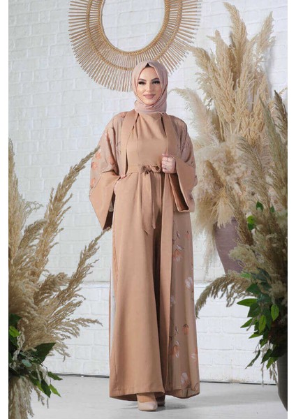 Desenli Abaya Düz CepKuşaklı Sıfır Kol Tulum Takım 8312 Taba fiyatları