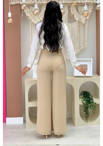 Bym Fashion Cepli Düğme Detaylı Bol Paça Pantolon 0261 Taş