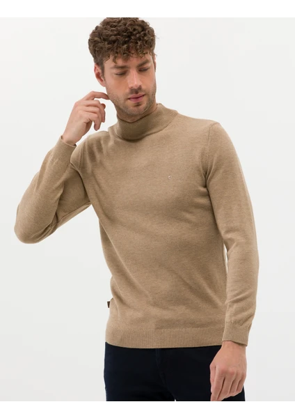 Pierre Cardin Erkek Camel Melanj Slim Fit Yarım Balıkçı Yaka Basic Triko Kazak 50276161-VR122