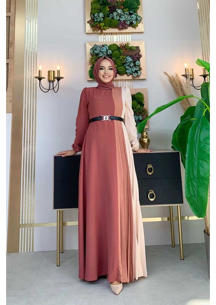 Bym Üç Renkli Bel Kemer Pilise Detay Elbise 3622 Gül Kurusu