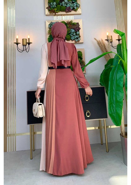 Bym Üç Renkli Bel Kemer Pilise Detay Elbise 3622 Gül Kurusu modelleri