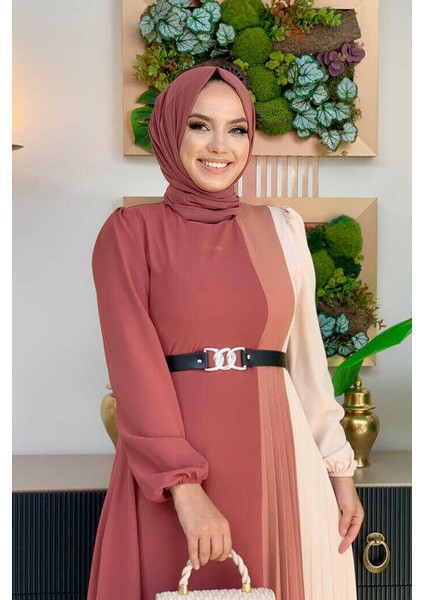 Bym Üç Renkli Bel Kemer Pilise Detay Elbise 3622 Gül Kurusu fırsatları