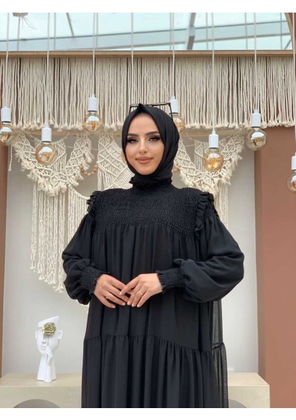 Bym Omuz Kısmı Büzgü Görünümlü Salaş Astarlı Elbise 3511 Siyah modelleri