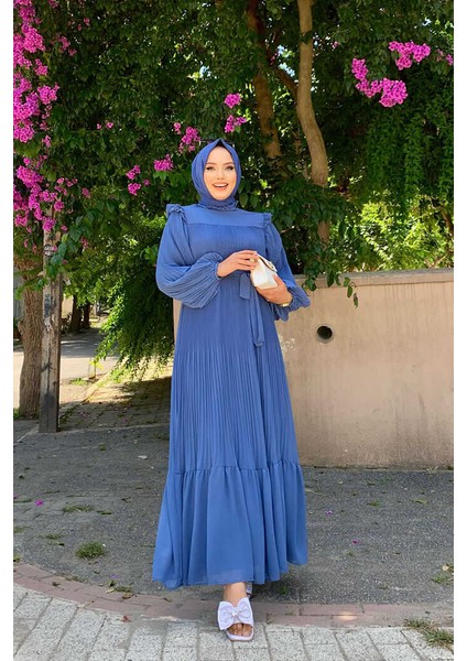 Bym Piliseli Fırfır Görünümlü Bel Kuşaklı Şifon Elbise 3628 Indigo fiyatları