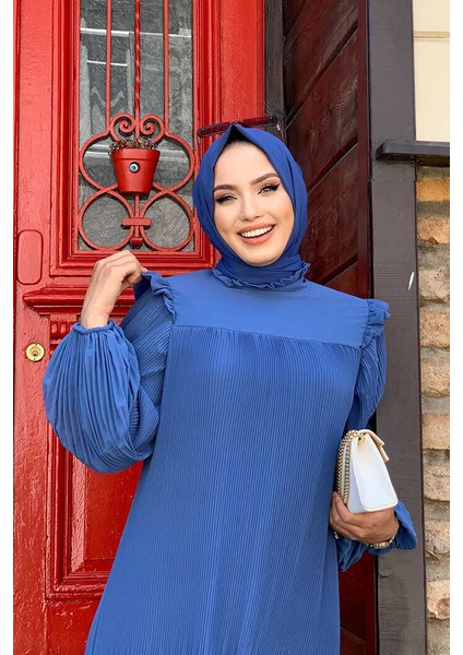 Bym Piliseli Fırfır Görünümlü Bel Kuşaklı Şifon Elbise 3628 Indigo fırsatları