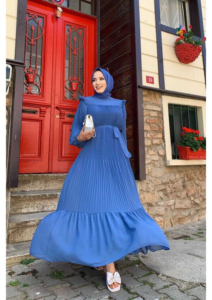 Bym Piliseli Fırfır Görünümlü Bel Kuşaklı Şifon Elbise 3628 Indigo indirimleri