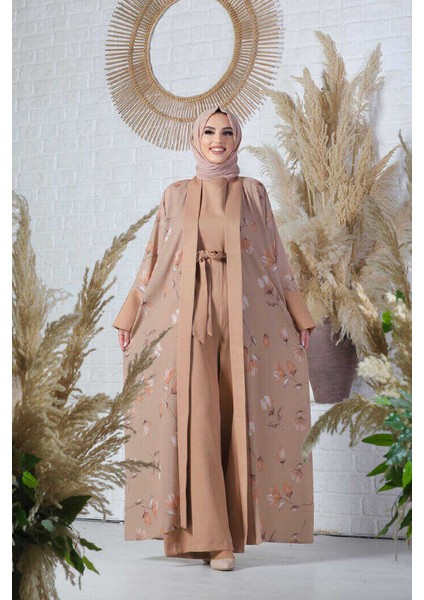 Bym Desenli Abaya Düz Cep Detay Kuşaklı Sıfır Kol Tulum Takım 8312 Taba