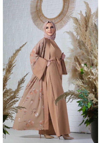 Bym Desenli Abaya Düz Cep Detay Kuşaklı Sıfır Kol Tulum Takım 8312 Taba modelleri