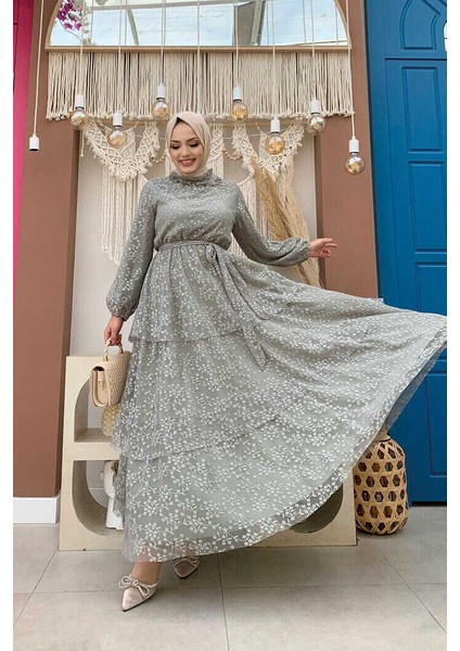 Bym Dantel Kat Kat Detaylı Kol Manşetleri Lastikli Kuşaklı Astarlı Elbise 3614 Mint