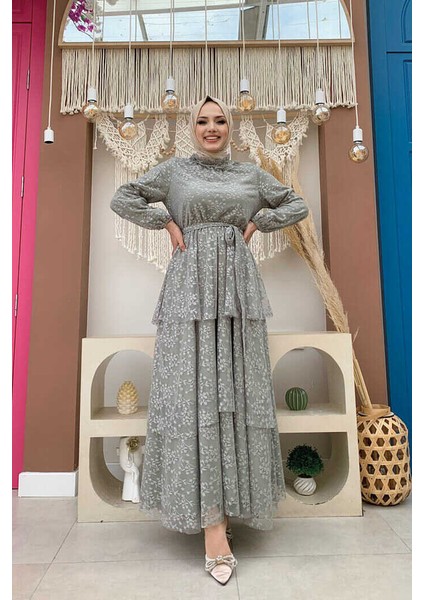 Bym Dantel Kat Kat Detaylı Kol Manşetleri Lastikli Kuşaklı Astarlı Elbise 3614 Mint modelleri