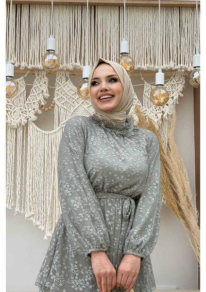 Bym Dantel Kat Kat Detaylı Kol Manşetleri Lastikli Kuşaklı Astarlı Elbise 3614 Mint fırsatları