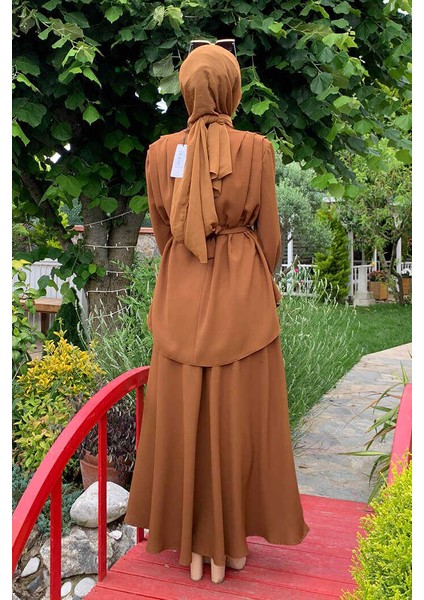 Bym Bel Kemer Detaylı Bluz ve Mevlana Etek Takım 8390 Taba modelleri