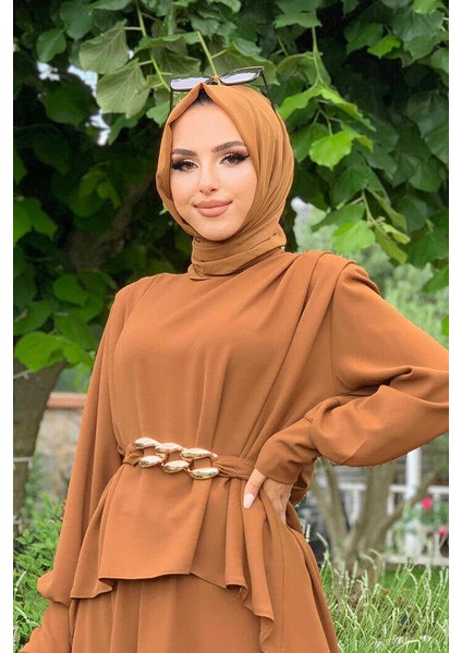 Bym Bel Kemer Detaylı Bluz ve Mevlana Etek Takım 8390 Taba fırsatları