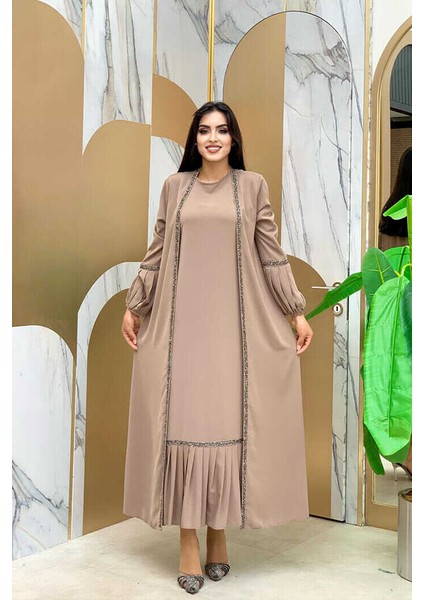 Bym Taş Detaylı Abaya Sıfır Kol Elbise Takım 3657 Vizon