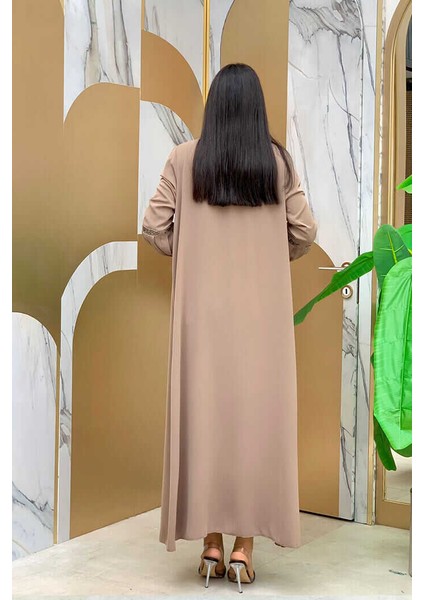 Bym Taş Detaylı Abaya Sıfır Kol Elbise Takım 3657 Vizon modelleri