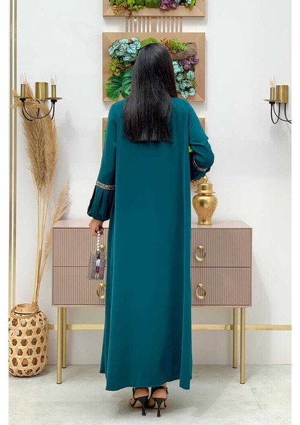 Bym Taş Detaylı Abaya Sıfır Kol Elbise Takım 3657 Zümrüt