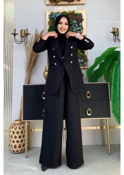 Bym Düğme Detay Blazer Ceket Bol Pantolon Takım 8302 Siyah
